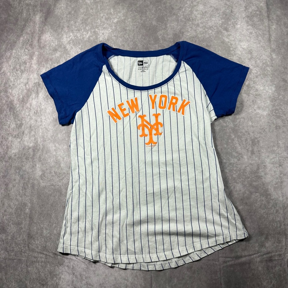 New Era NY Mets Baseball Pinstripe Raglan‎ Tee Shirt L Blue White Orange MLB